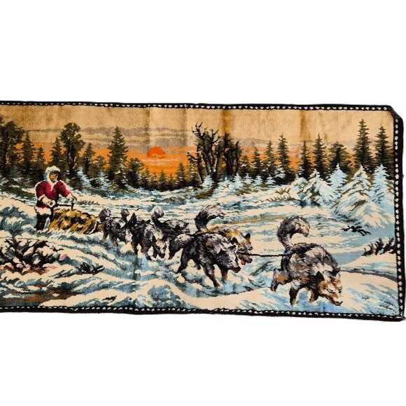 Vintage Italian Wall Rug – Dog Sled Scene – Winter Cabin Decor - Picture 1 of 3